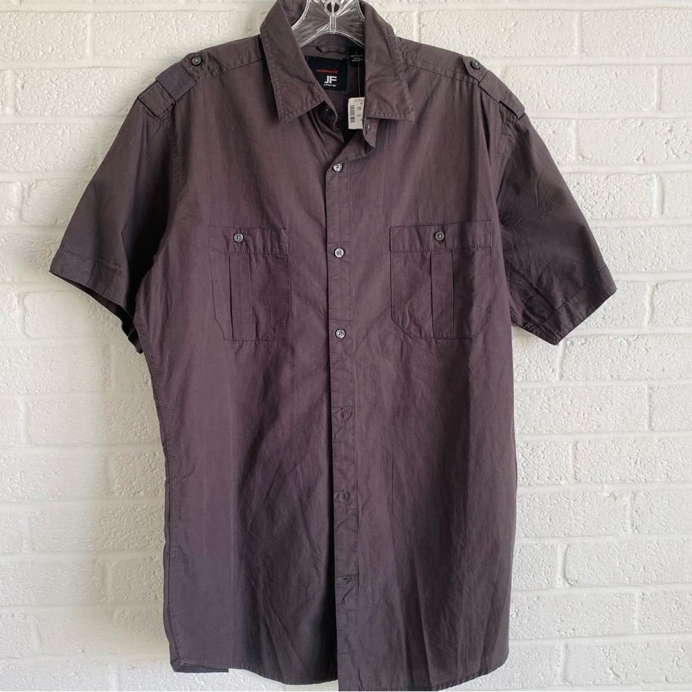 J.FERRAR SHIRT BUTTON DOWN LARGE CASUAL SHORT SLEEVE COTTON NWT GREY GRAY BROWN